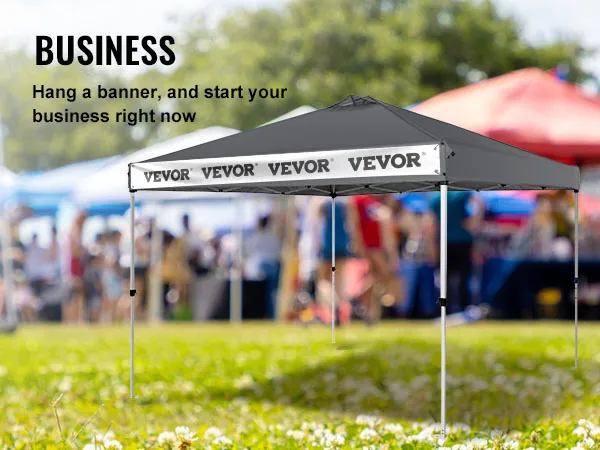 VEVOR pop-up canopy tent with banner, backdrop of outdoor event, and "business" sign in orange.
