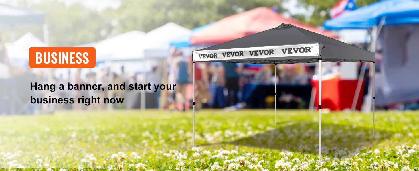 VEVOR pop-up canopy tent with banner, backdrop of outdoor event, and "business" sign in orange.