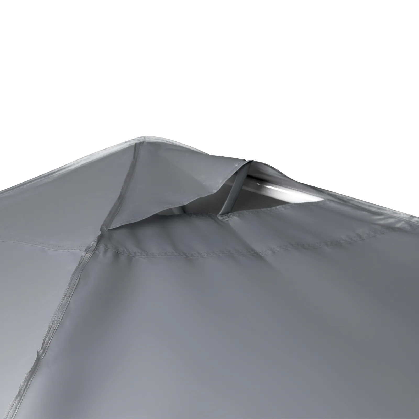 close-up of the gray fabric and vented peak of a VEVOR pop-up canopy tent.