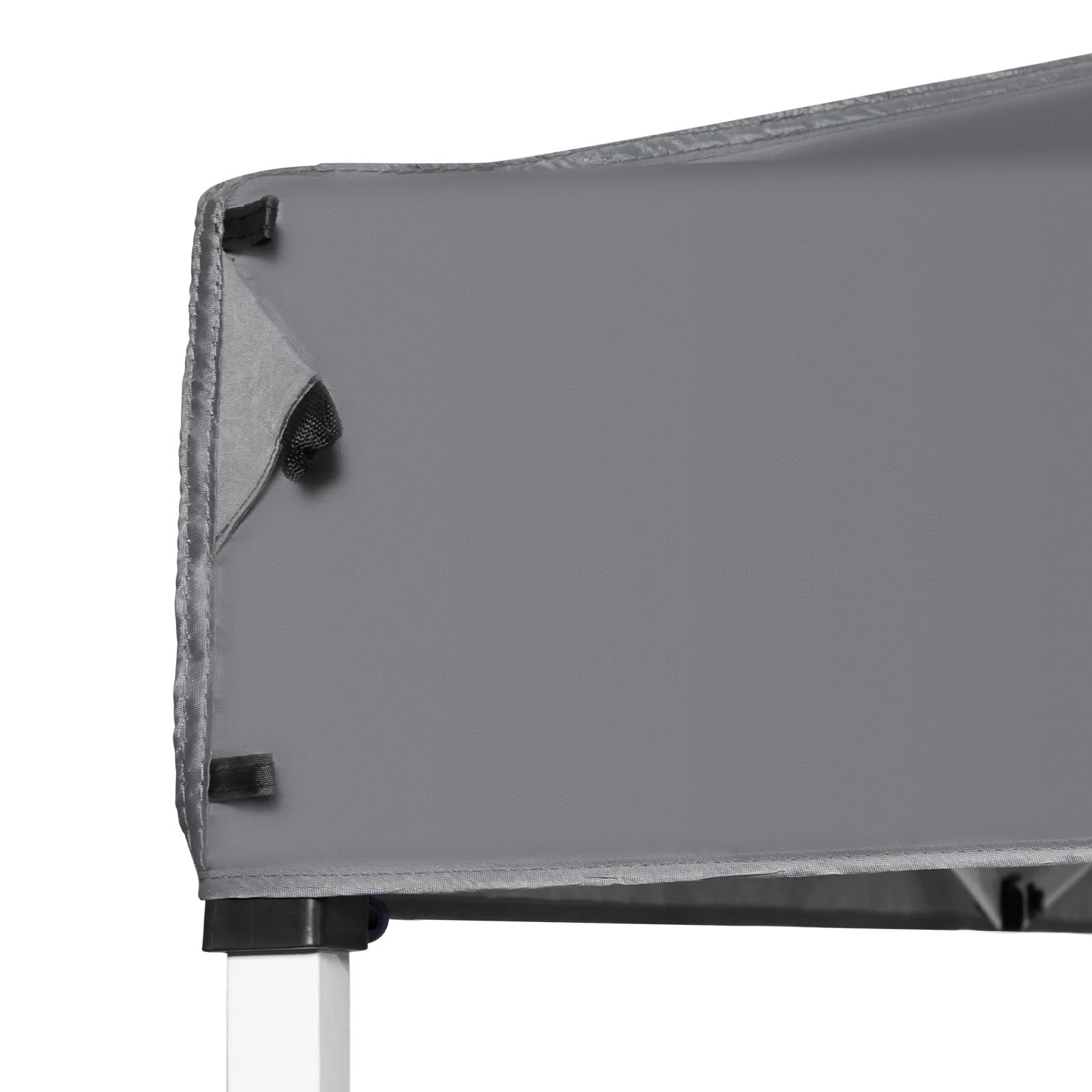 grey fabric canopy top corner of VEVOR pop-up canopy tent with reinforced stitching and white metal frame.