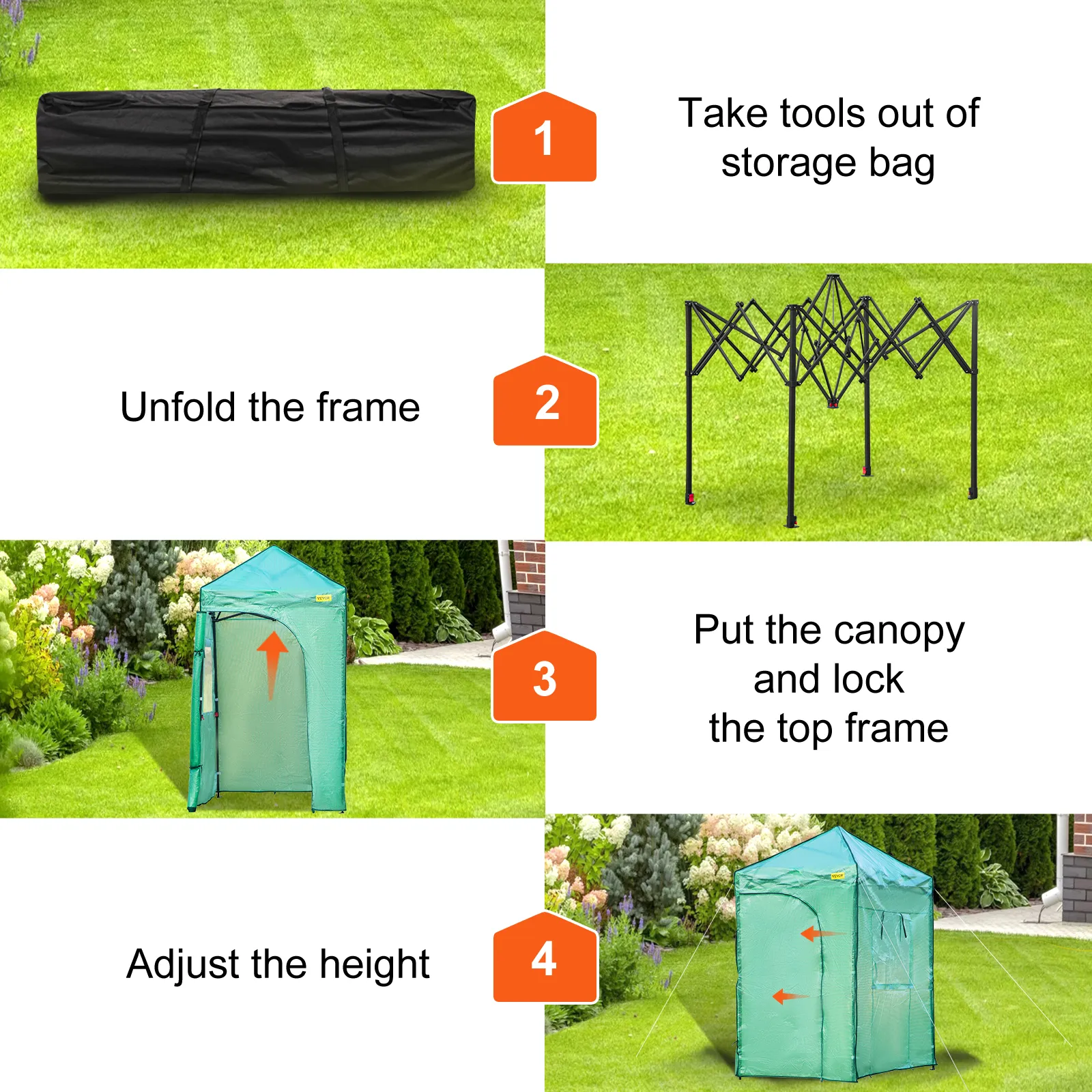 Montagestappen voor de VEVOR-kastent: verwijder het gereedschap, vouw het frame uit, bevestig de luifel en pas de hoogte aan.