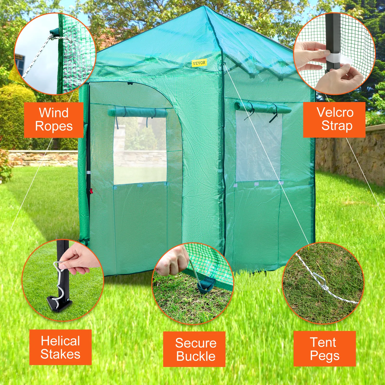 VEVOR groene tuin tent met wind ropes, velcro strap, helical stakes, secure buckle, en tent pegs.