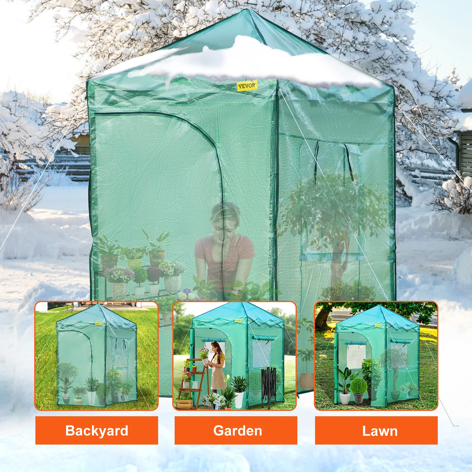 VEVOR-kas-tent in een besneeuwde tuin met potplanten, een toonbeeld van veelzijdigheid.