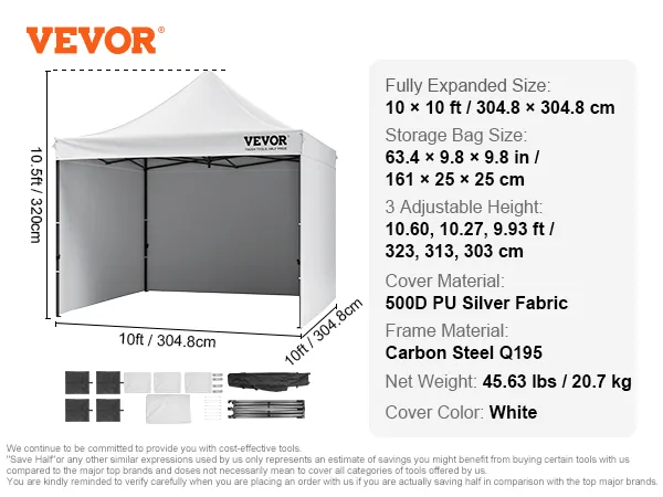 VEVOR pop up canopy, 10x10 ft white tent with adjustable height, carbon steel frame, and 500d pu fabric.