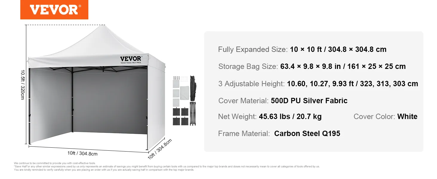 VEVOR pop up canopy, 10x10 ft white tent with adjustable height, carbon steel frame, and 500d pu fabric.