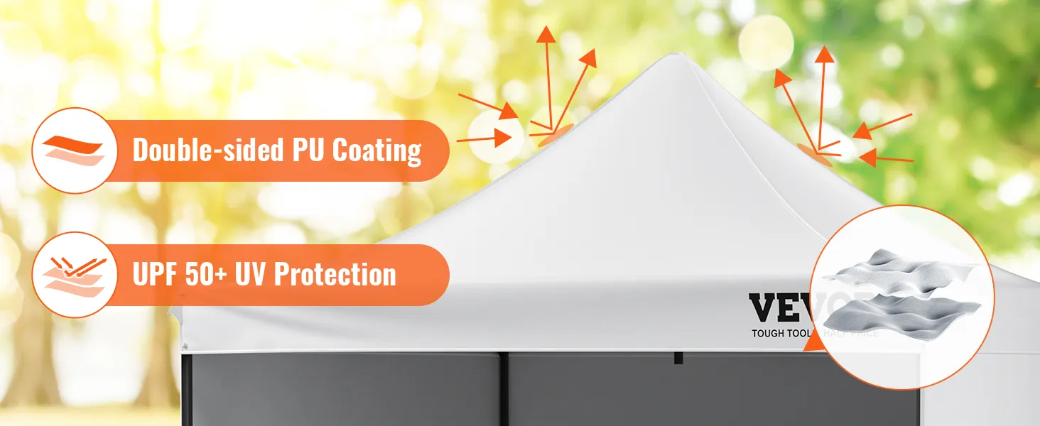 VEVOR pop up canopy with pu coating, upf 50+ uv protection, and cpai-84 flame retardant fabric.