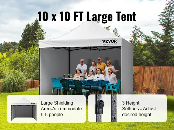 VEVOR pop up canopy 10 x 10 ft large tent accommodates 6-8 people with 3 adjustable height settings.