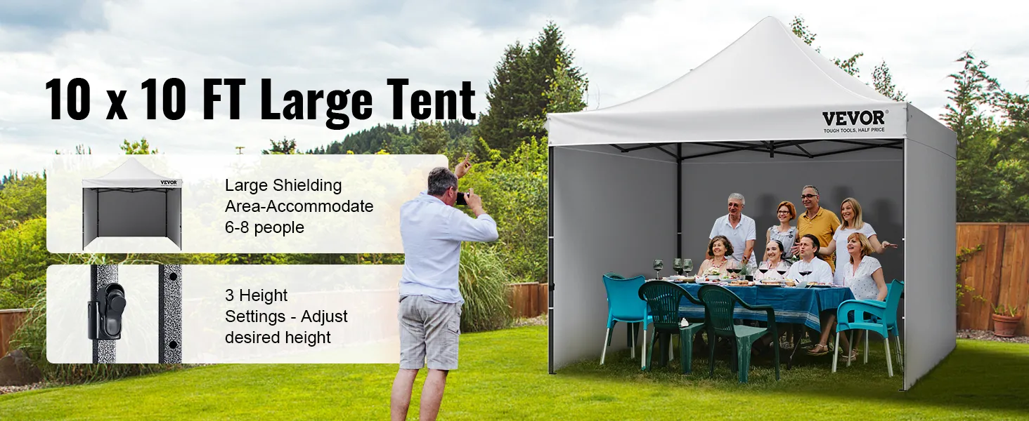 VEVOR pop up canopy 10 x 10 ft large tent accommodates 6-8 people with 3 adjustable height settings.