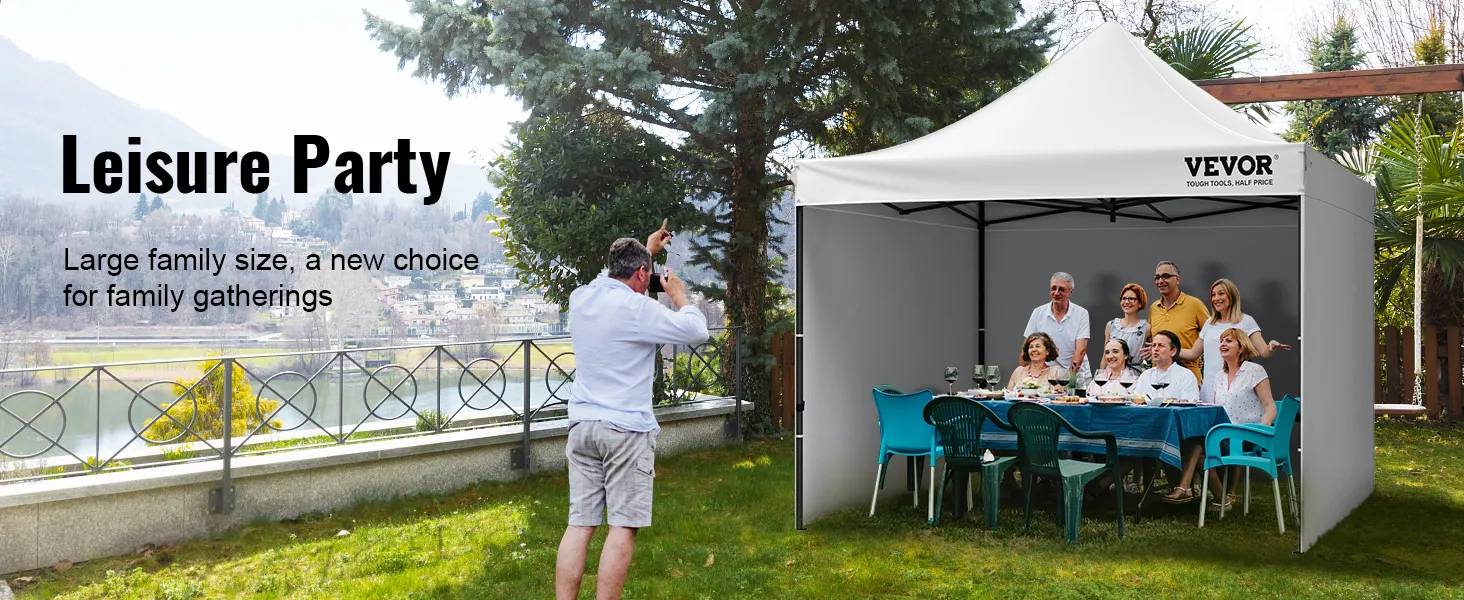 outdoor family gathering under a VEVOR pop up canopy with scenic background and photographer capturing moments.