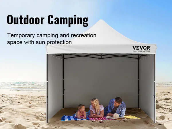 VEVOR pop up canopy on a beach offers sun protection for outdoor camping and recreation.