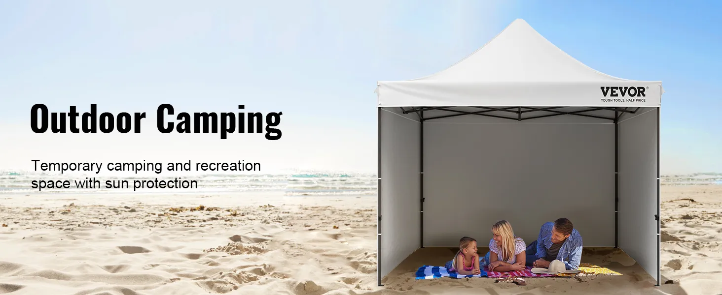 VEVOR pop up canopy on a beach offers sun protection for outdoor camping and recreation.