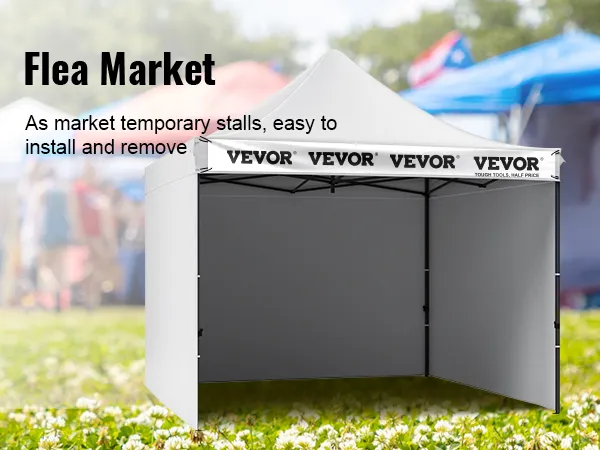 VEVOR pop up canopy at a bustling flea market with white tents in the background. easy to install.