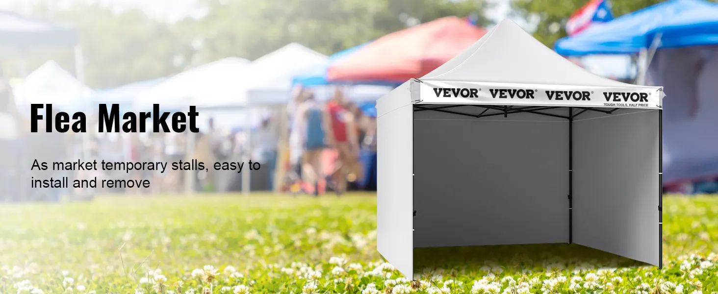 VEVOR pop up canopy at a bustling flea market with white tents in the background. easy to install.