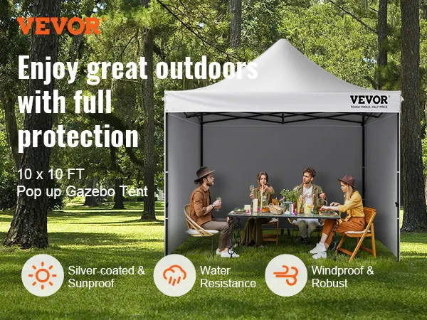 VEVOR pop up canopy in a park setting, offering full protection with a 10x10 ft gazebo tent.