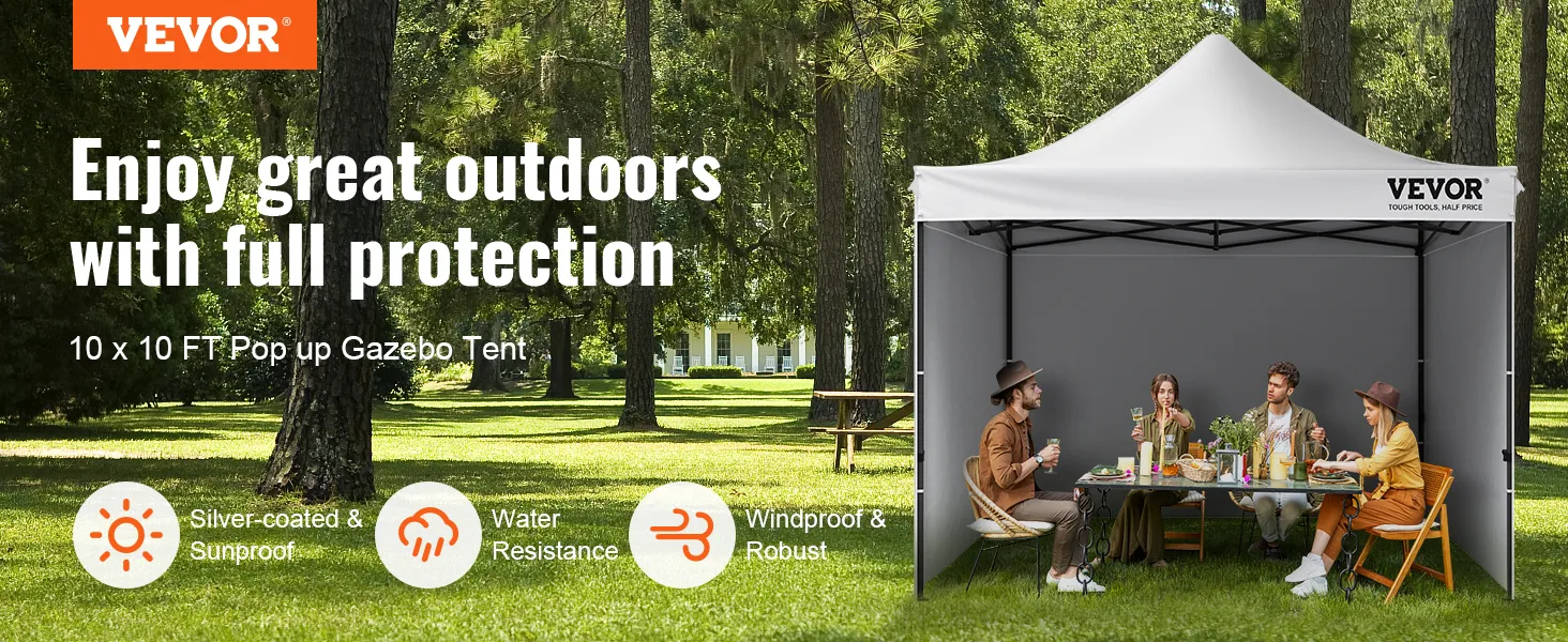 VEVOR pop up canopy in a park setting, offering full protection with a 10x10 ft gazebo tent.