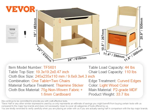 VEVOR kids table set with light wood color, including chair and storage box dimensions.