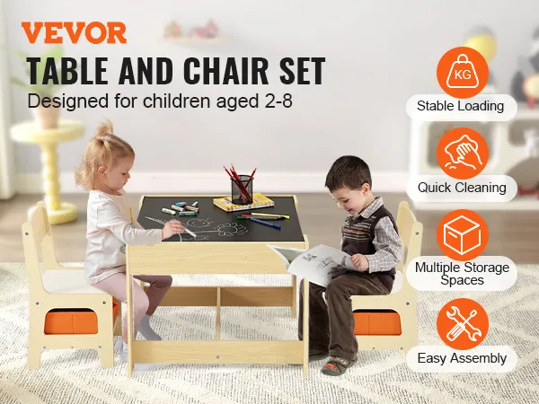 VEVOR kids table and chair set with blackboard surface, storage spaces, stable and easy to clean.