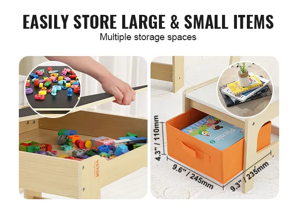 VEVOR kids table with multiple storage spaces for organizing large and small items, including toys and books.