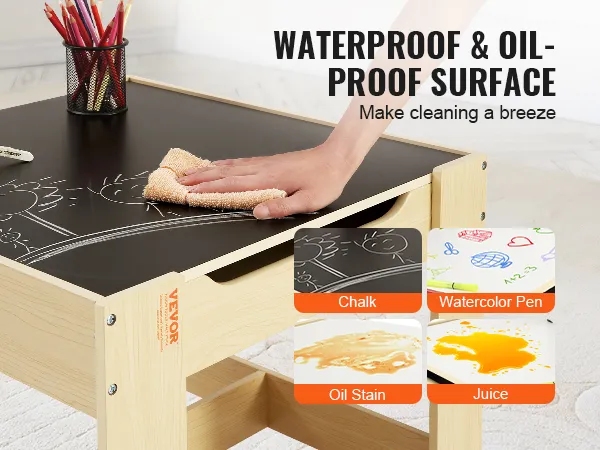 VEVOR kids table with waterproof and oil-proof surface, easy to clean chalk, watercolor pen, oil stain, and juice.