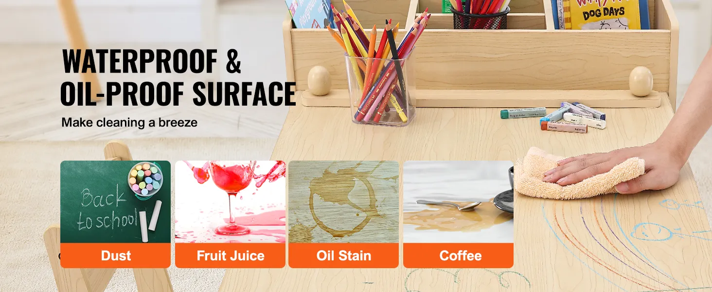 waterproof and oil-proof VEVOR kids art table, easy to clean, with crayons, books, and cleaning cloth.