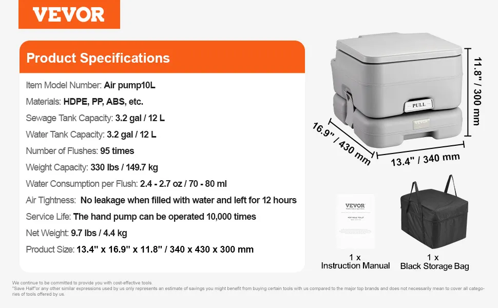 Specificaties van het draagbare VEVOR-toilet met tankinhoud, afmetingen, gewicht, handleiding en opbergzak weergegeven