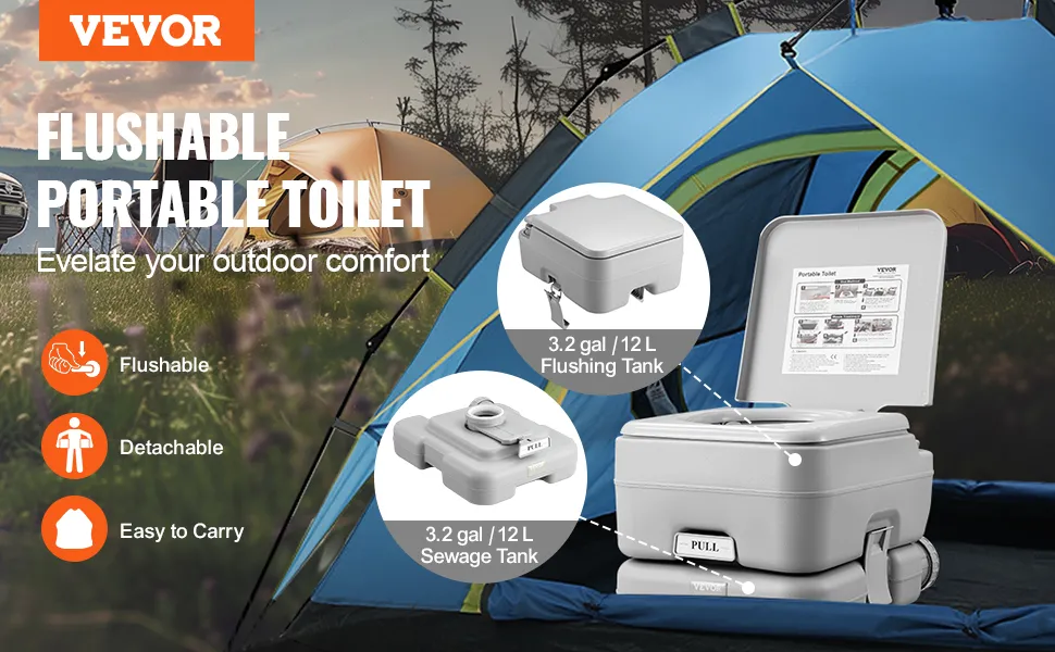 VEVOR draagbaar toilet met spoel- en afvalwatertank, ideaal voor op de camping. Afneembaar en gemakkelijk mee te nemen.