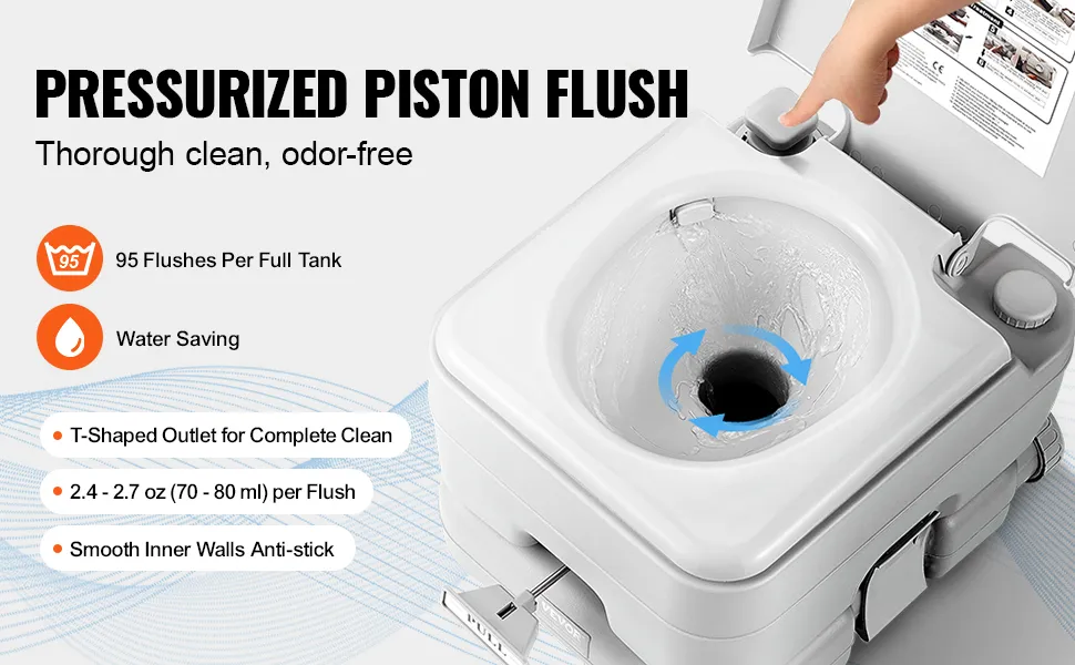VEVOR mobiel toilet met drukspoeling met zuiger, gladde binnenwanden en 95 spoelingen per volle tank.