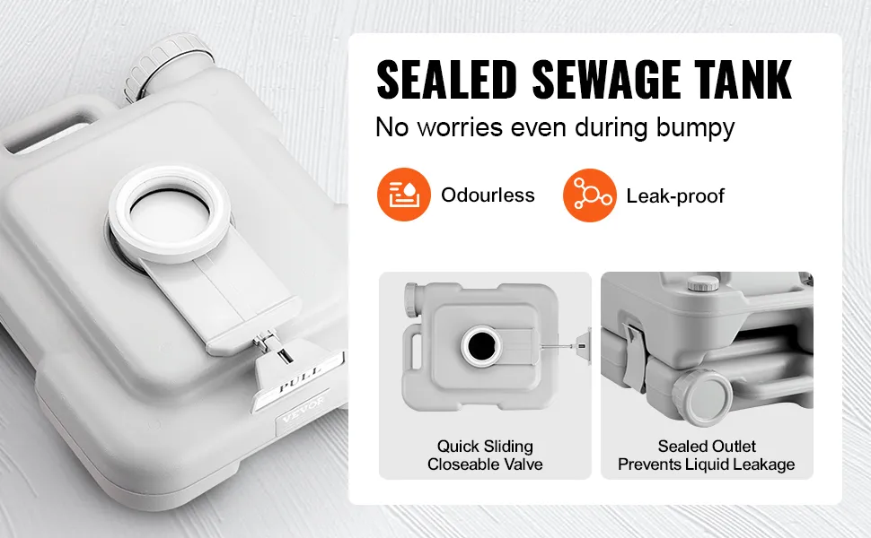 VEVOR mobiel toilet met afgesloten afvalwatertank, geurloos, lekvrij, snelsluitbare schuifklep.