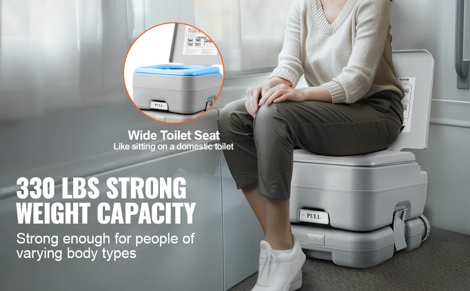 VEVOR draagbaar toilet met brede zitting en een draagvermogen van 150 kg, geschikt voor verschillende lichaamstypes.
