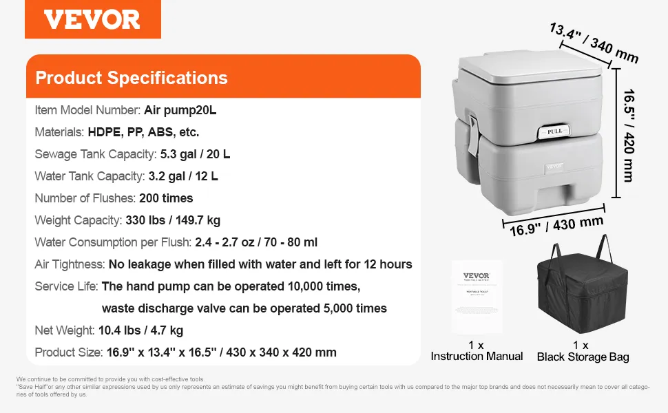 VEVOR portable toilet specifications, including dimensions, materials, weight, and capacity details.