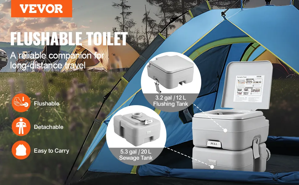 VEVOR portable toilet with detachable tanks, ideal for camping, featuring flushable and easy-to-carry design.