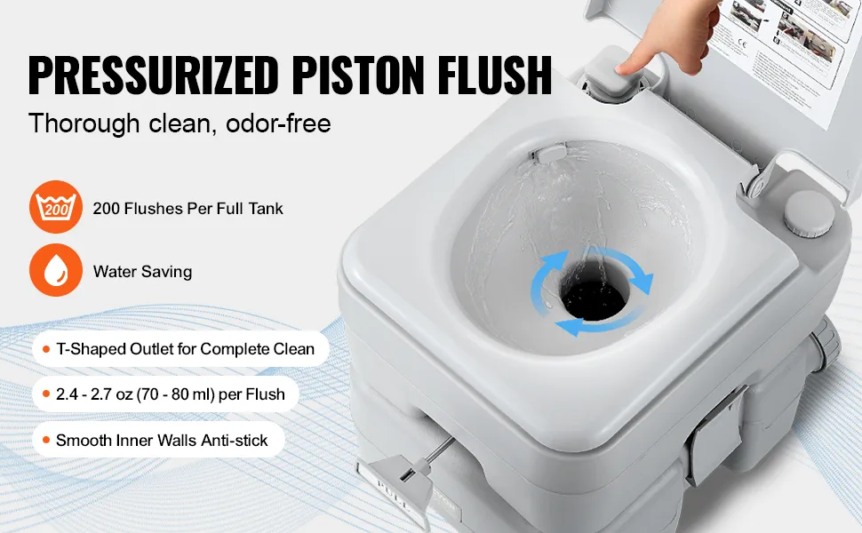 VEVOR portable toilet with pressurized piston flush, 200 flushes per tank, and water-saving design.