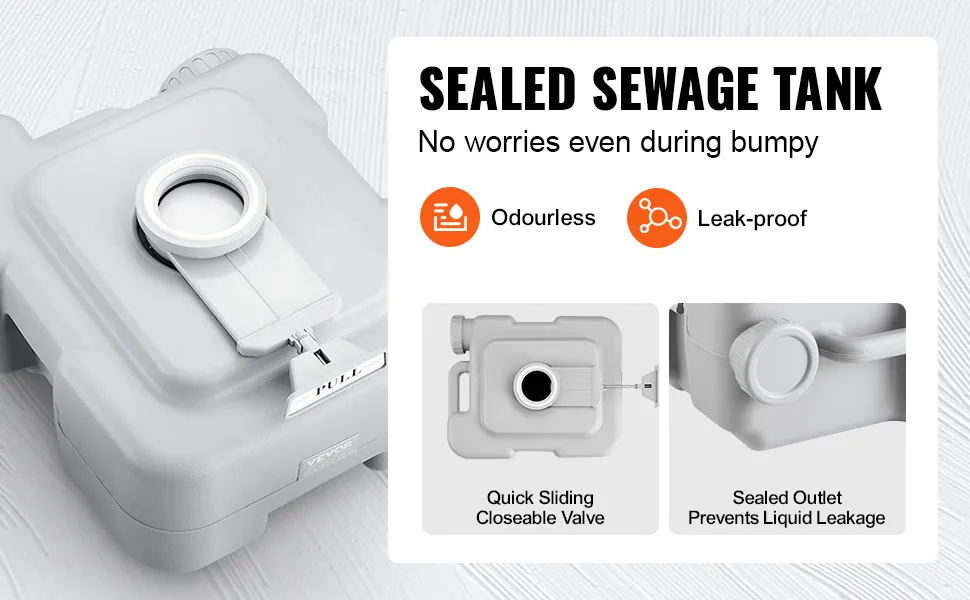 VEVOR portable toilet sealed sewage tank with quick sliding closeable valve, odourless, and leak-proof design.