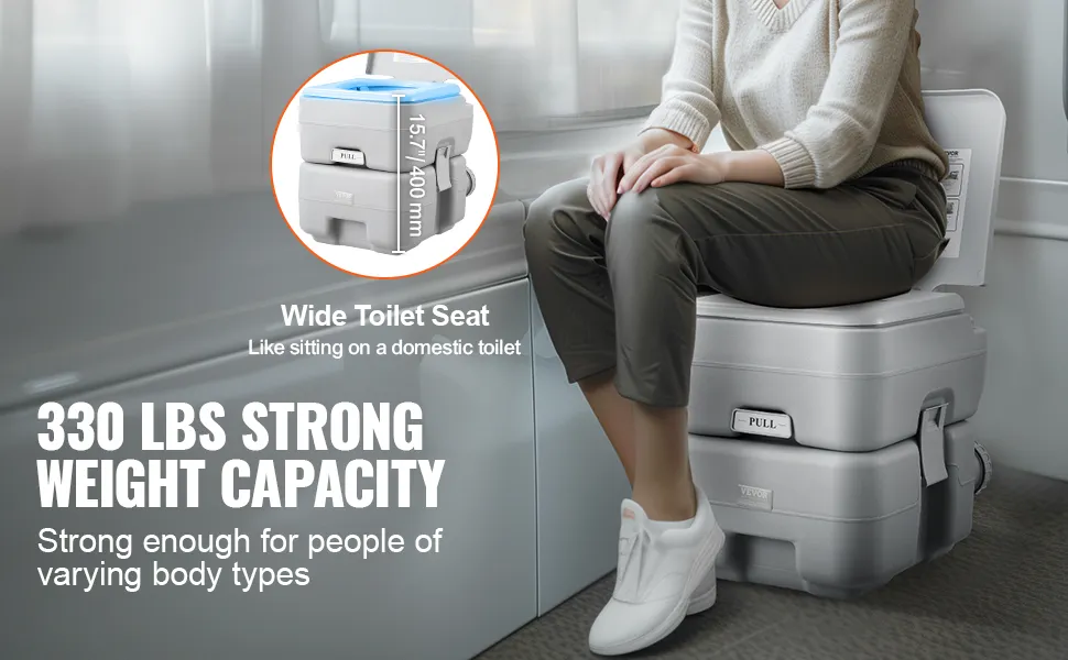 person sitting on a VEVOR portable toilet, showcasing its 330 lbs weight capacity and wide toilet seat.