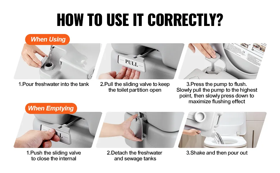 instructions on using the VEVOR portable toilet, including steps for using and emptying the tank.