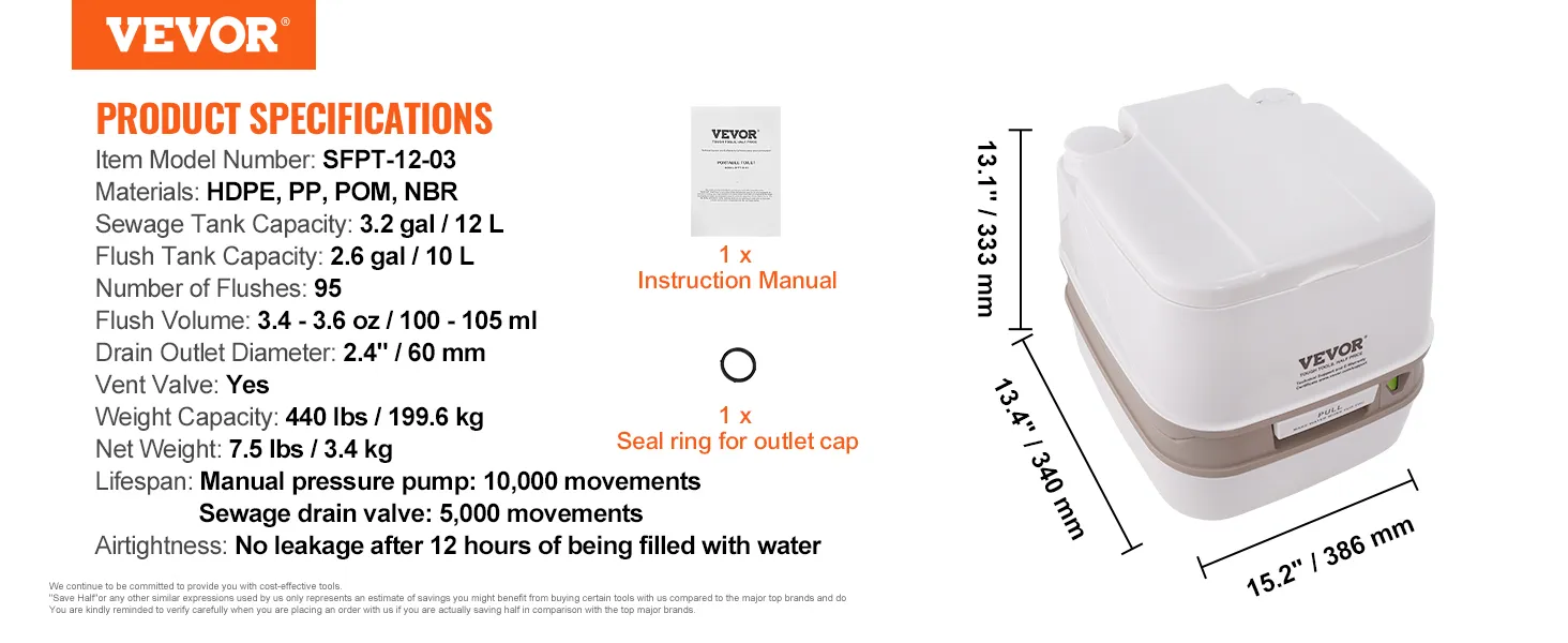 Toaleta przenośna VEVOR z wymiarami, materiałami, szczegółami dotyczącymi pojemności i dołączonymi akcesoriami.