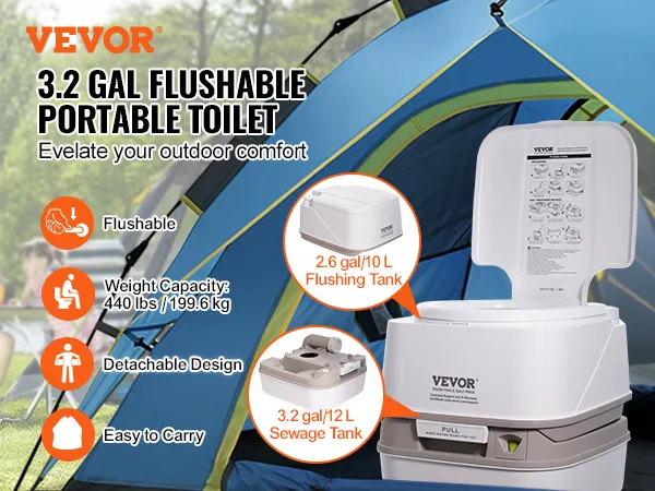 Toaleta przenośna VEVOR ze zbiornikiem na ścieki o pojemności 3,2 galona i zbiornikiem na wodę do spłukiwania o pojemności 2,6 galona, idealna do użytku na zewnątrz.