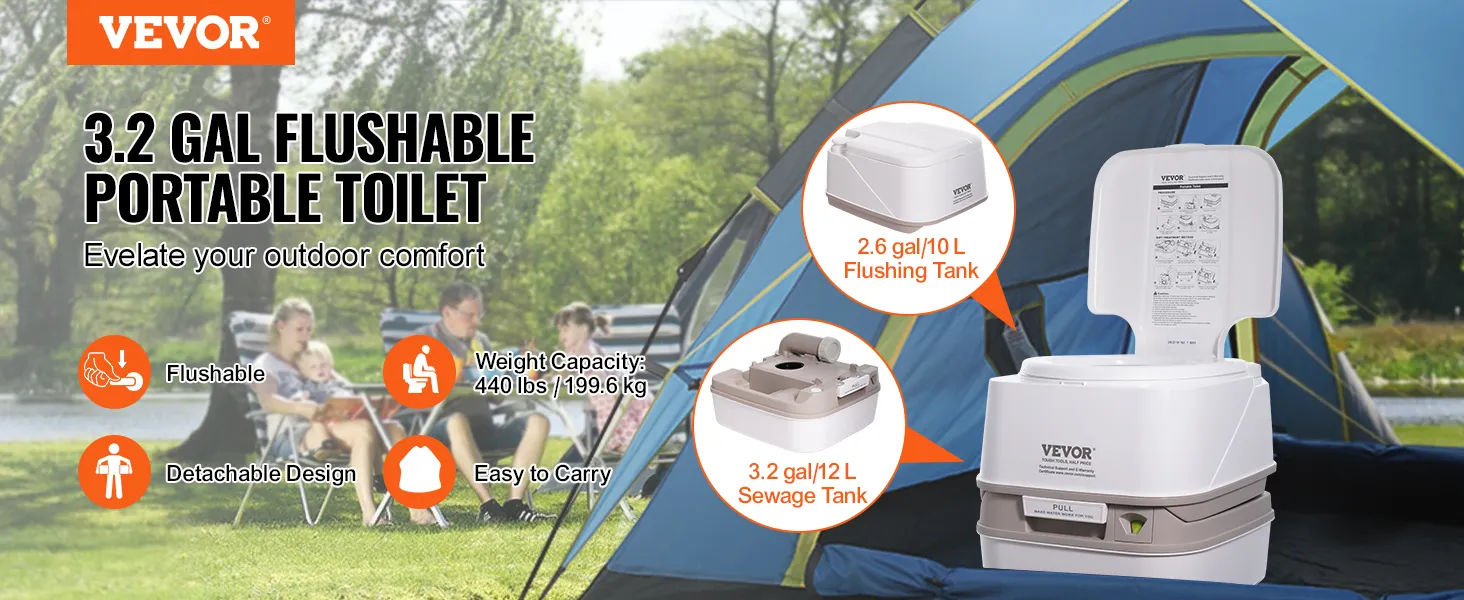 Toaleta przenośna VEVOR ze zbiornikiem na ścieki o pojemności 3,2 galona i zbiornikiem na wodę do spłukiwania o pojemności 2,6 galona, idealna do użytku na zewnątrz.