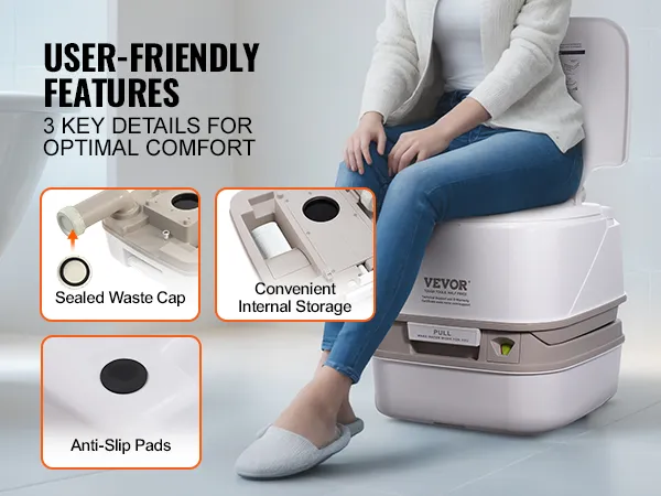 Toaleta przenośna VEVOR: przyjazna użytkownikowi konstrukcja z wewnętrznym schowkiem, uszczelnioną pokrywą odpływu i antypoślizgowymi podkładkami.