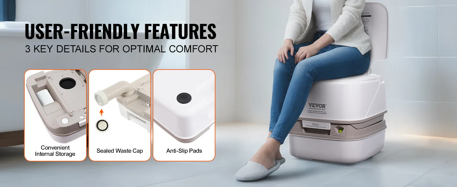 Toaleta przenośna VEVOR: przyjazna użytkownikowi konstrukcja z wewnętrznym schowkiem, uszczelnioną pokrywą odpływu i antypoślizgowymi podkładkami.