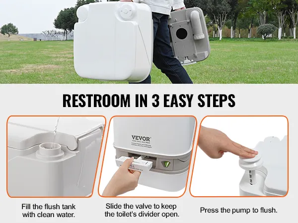 Instrukcja korzystania z przenośnej toalety VEVOR: napełnij zbiornik spłuczki, przesuń zawór, naciśnij pompę. Tło do użytku na zewnątrz.