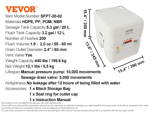 Przenośna toaleta kempingowa VEVOR z 5,3-galonowym zbiornikiem na ścieki, 3,2-galonowym zbiornikiem na spłuczkę i czarną torbą do przechowywania.