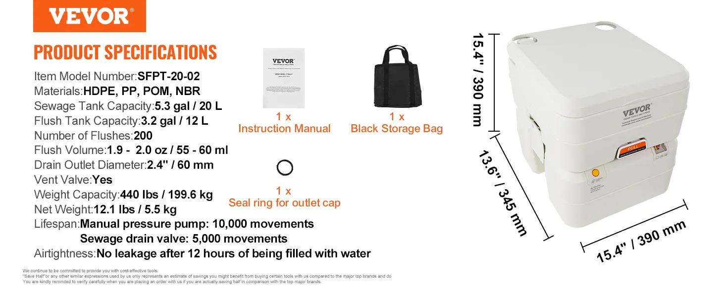 Przenośna toaleta kempingowa VEVOR z 5,3-galonowym zbiornikiem na ścieki, 3,2-galonowym zbiornikiem na spłuczkę i czarną torbą do przechowywania.