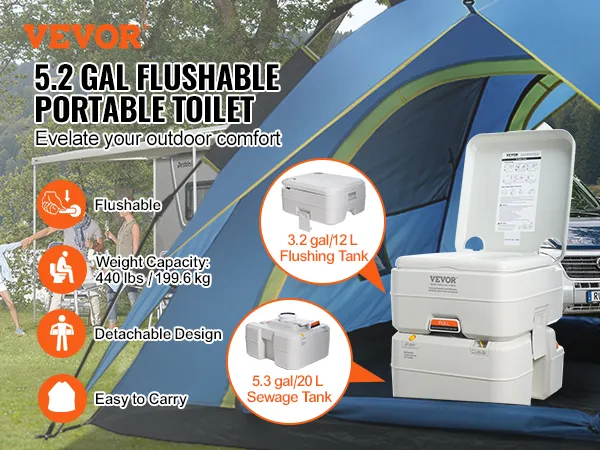 Toaleta kempingowa VEVOR przenośna do kamperów i namiotów, pojemność 5,3 galona, spłukiwana, wyjmowana, limit 440 funtów.