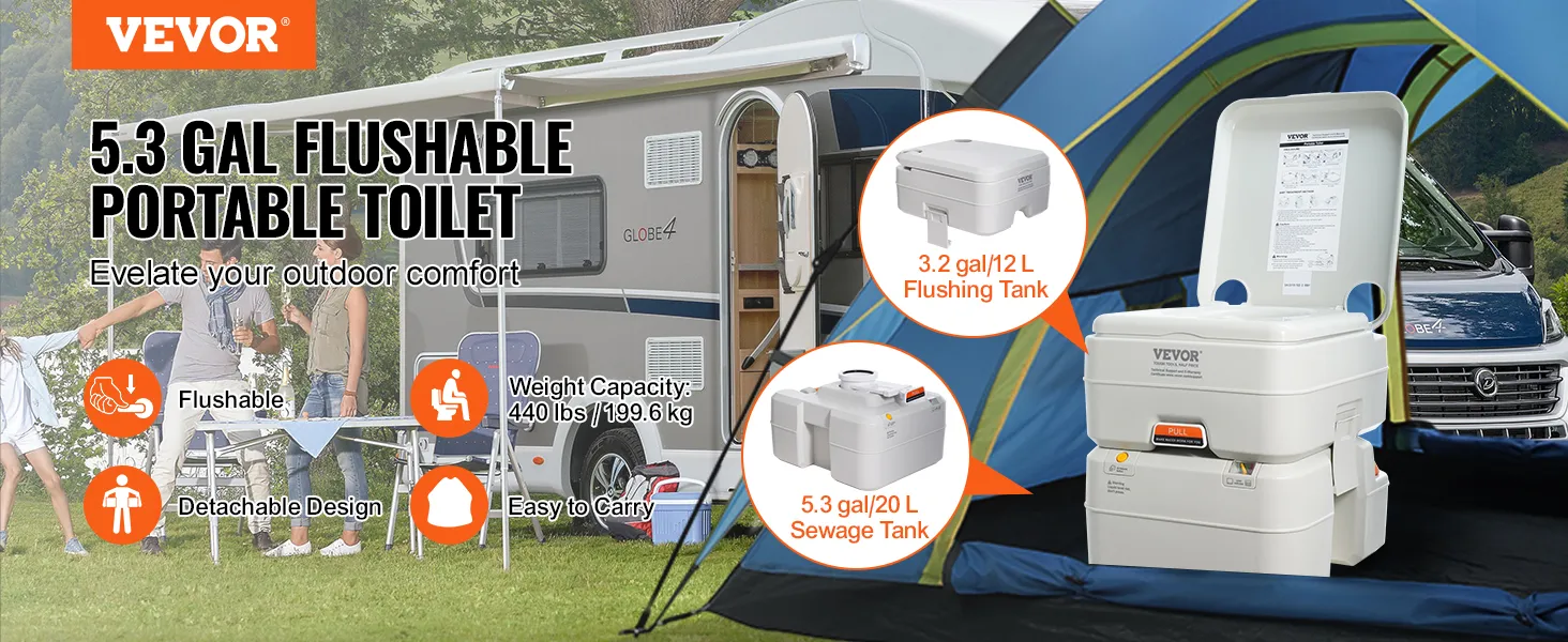 Toaleta kempingowa VEVOR przenośna do kamperów i namiotów, pojemność 5,3 galona, spłukiwana, wyjmowana, limit 440 funtów.