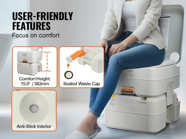 Przenośna toaleta kempingowa VEVOR o komfortowej wysokości, z uszczelnionym korkiem odpływowym i wnętrzem wyposażonym w powłokę zapobiegającą przywieraniu.
