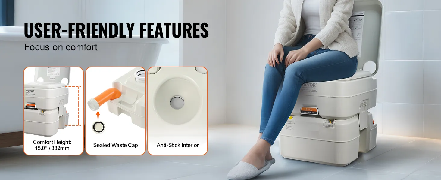 Przenośna toaleta kempingowa VEVOR o komfortowej wysokości, z uszczelnionym korkiem odpływowym i wnętrzem wyposażonym w powłokę zapobiegającą przywieraniu.