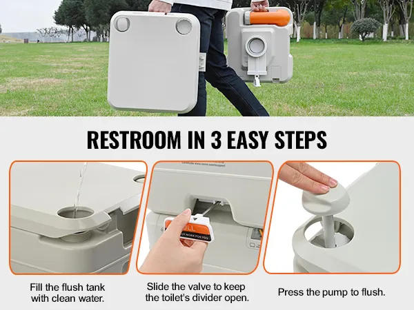 Instrukcja obsługi przenośnej toalety kempingowej VEVOR: napełnij zbiornik, użyj zaworu suwakowego, pompuj, aby spłukać. Wygodne użytkowanie na zewnątrz.