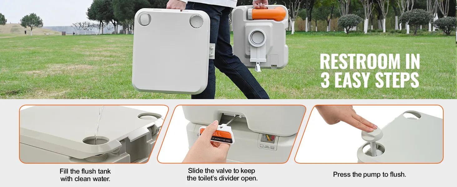 Instrukcja obsługi przenośnej toalety kempingowej VEVOR: napełnij zbiornik, użyj zaworu suwakowego, pompuj, aby spłukać. Wygodne użytkowanie na zewnątrz.