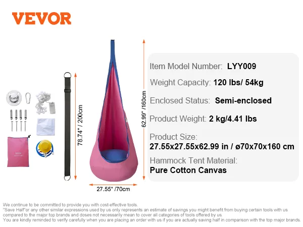VEVOR kids pod swing seat, semi-enclosed, pure cotton canvas, 120 lbs capacity, with installation kit.